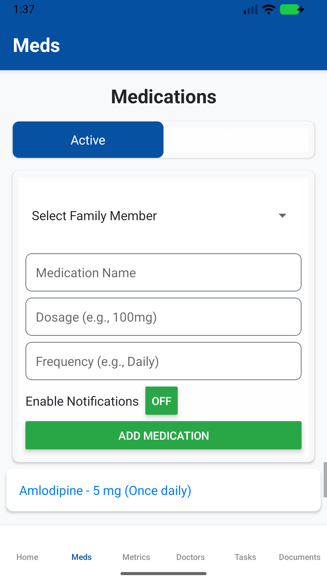 FamAid active and past medications screen