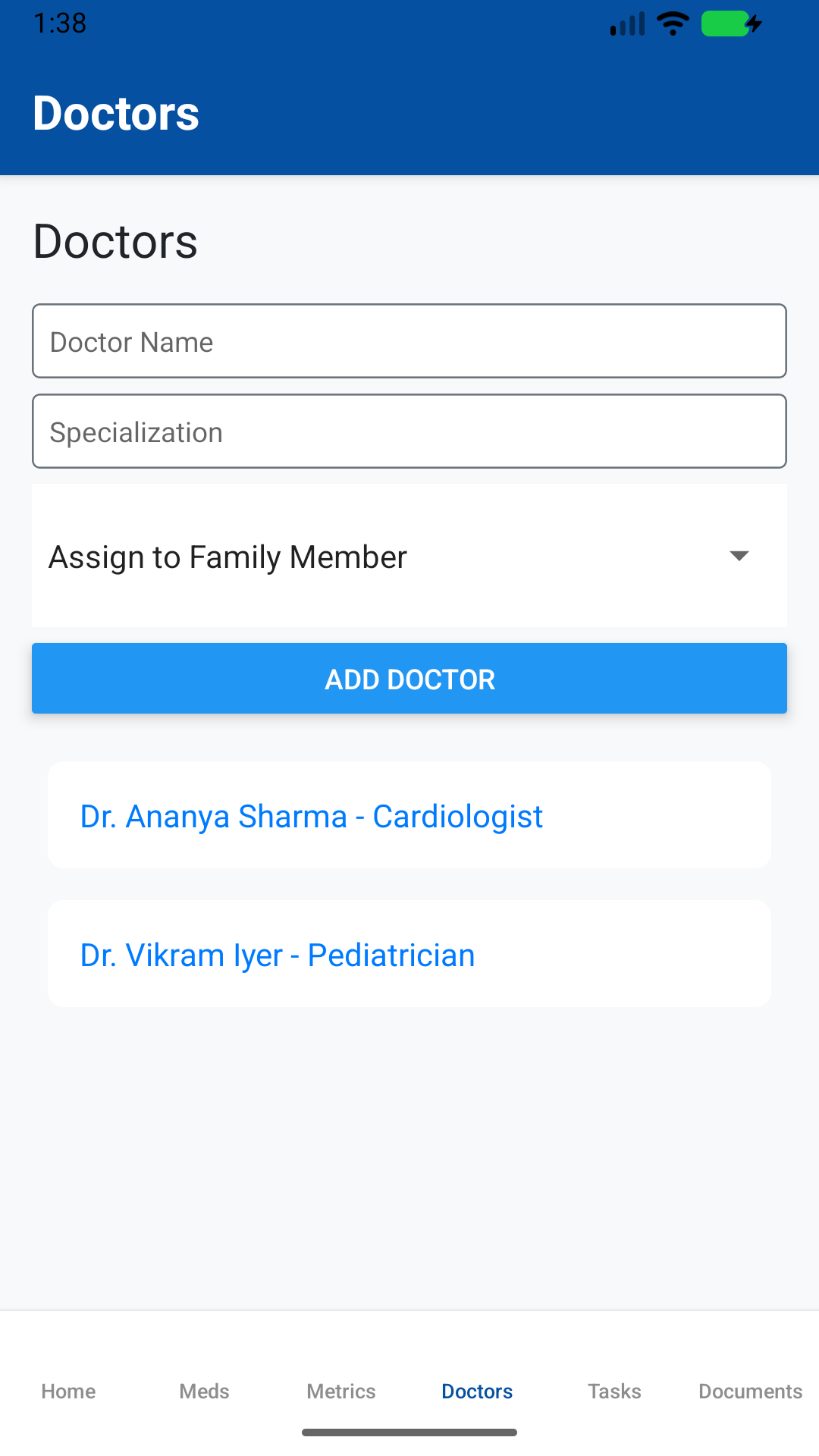 FamAid doctor registry and assignments screen